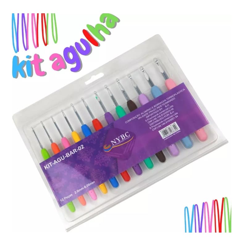 Kit Agulhas de Crochê Para Barbante Soft KIT-AGU-BAR-02 - Cabos Emborrachados - Cartela Com 12 Unidades - Nybc