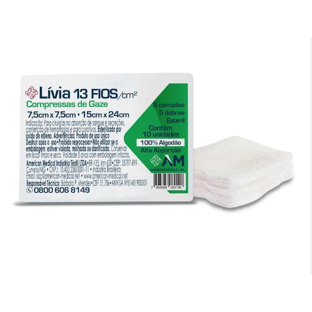 KIT 10 PACOTES C/10 COMPRESSA DE GAZE ESTÉRIL LÍVIA 13 FIOS - AMERICA MEDICAL
