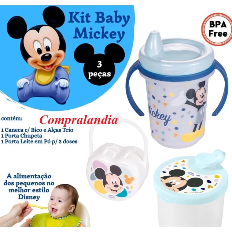 Kit Infantil Disney baby Mickey porta chupeta, dosador de leite em pó porta-leite e copo com bico e alças