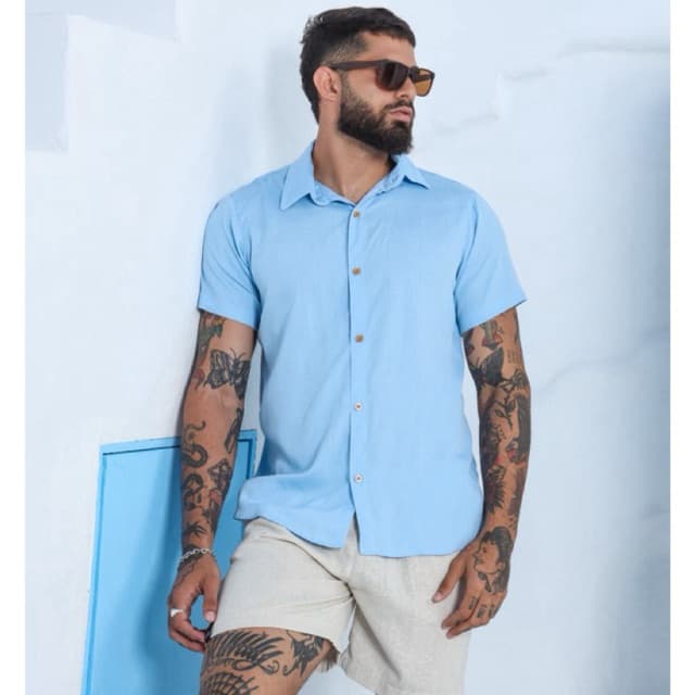 Camisa Botão Azul Slim Manga Social