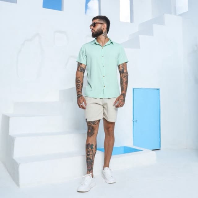 Camisa Masculina Slim Manga Social Botão Verde