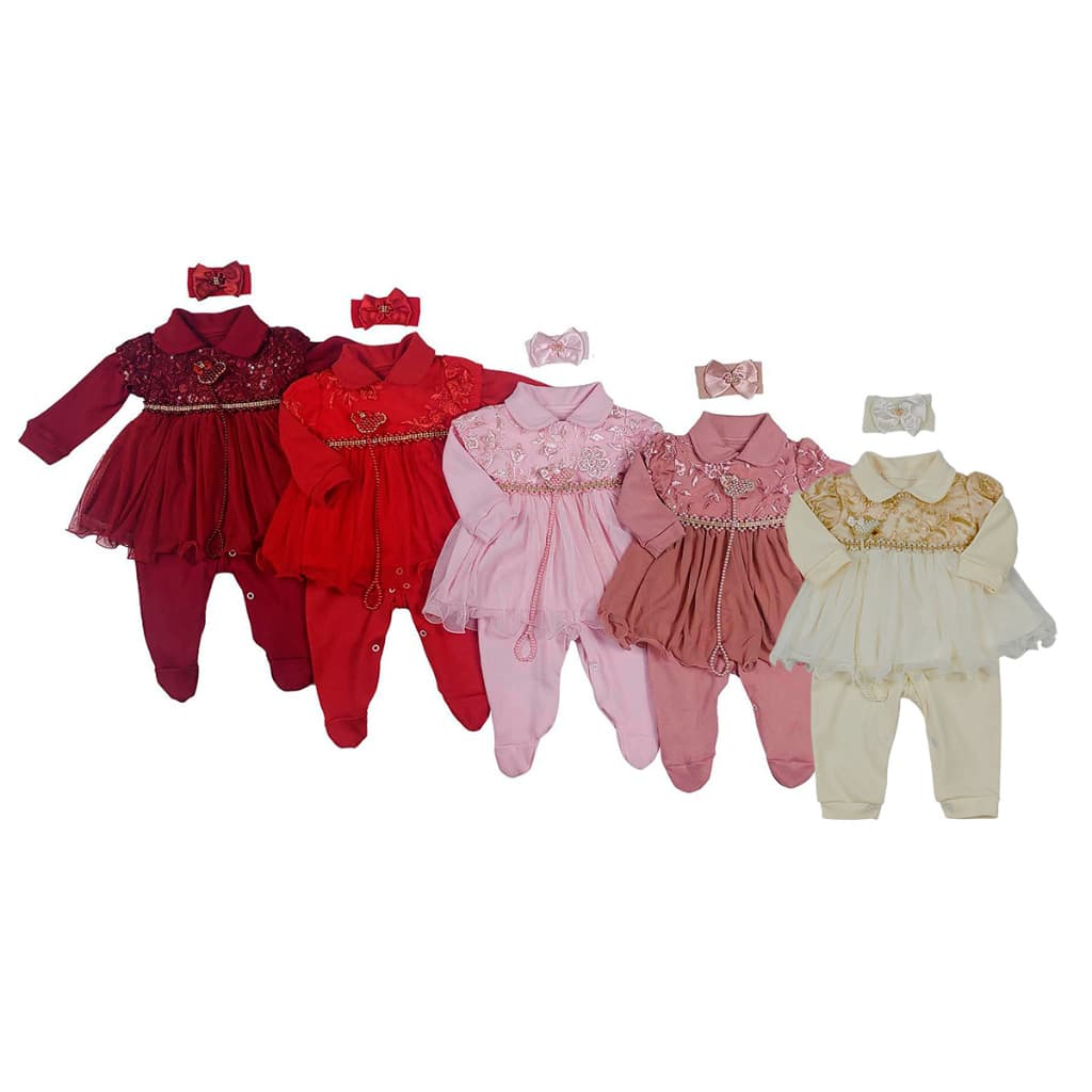 Macacão Bebê Menina Com Vestido Sobreposto e Acessórios