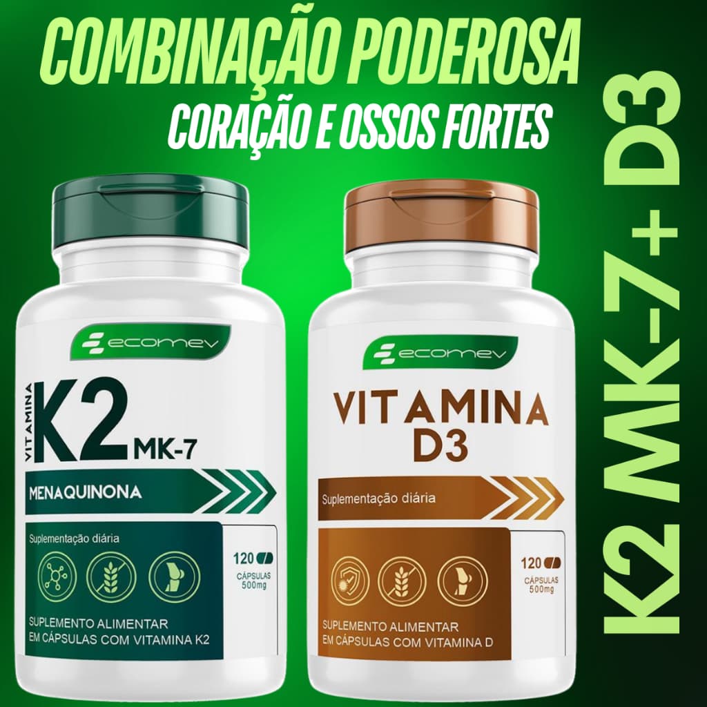 Kit Vitamina K2 MK-7 Menaquinona + Vitamina D3 500mg Puro 240Cáp Ossos e Coração