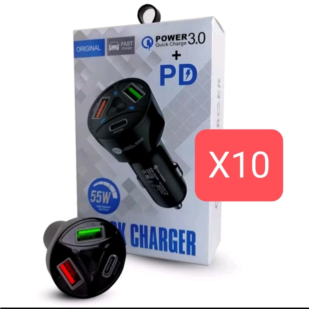 kit 10/6 Carregador  Turbo 55w PD Tipo C Veicular Compativel  QCC-006/le-407(car)