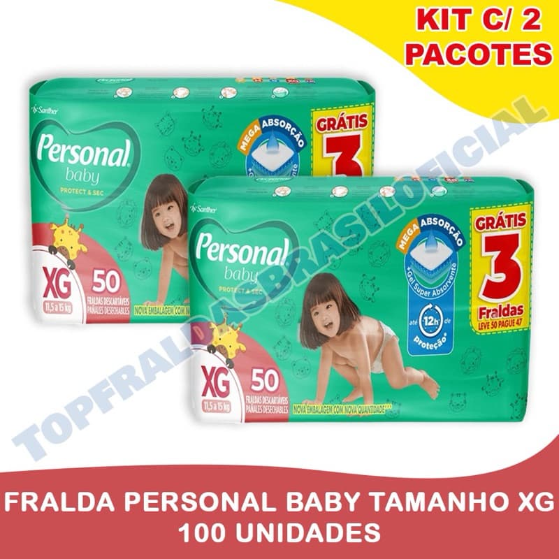 Kit 2ptes Fralda Personal Baby 11,5 a 15kg XG 50un - Total 100un HIPER AB.2
