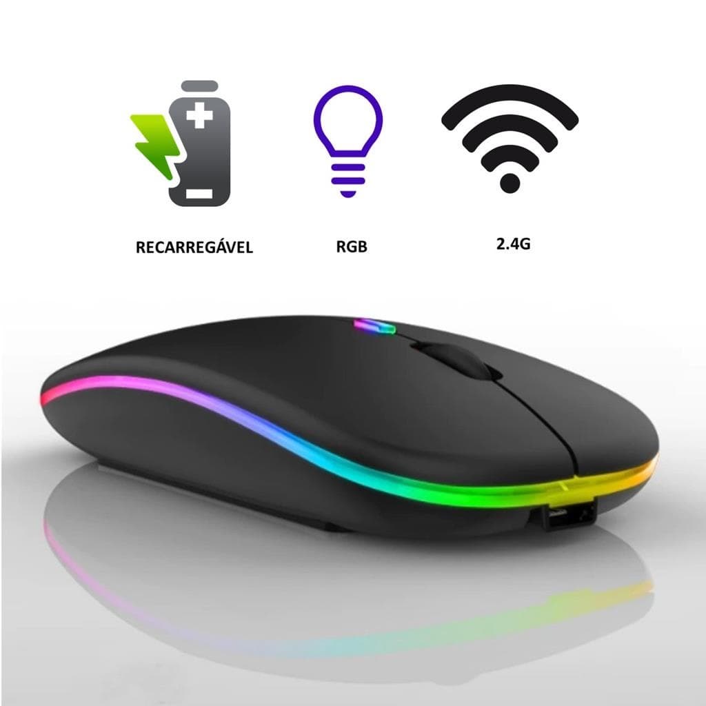 Mouse sem fio recarregável com iluminação LED RGB, compatível com conectividade Bluetooth e 2,4 GHz. Preto.
