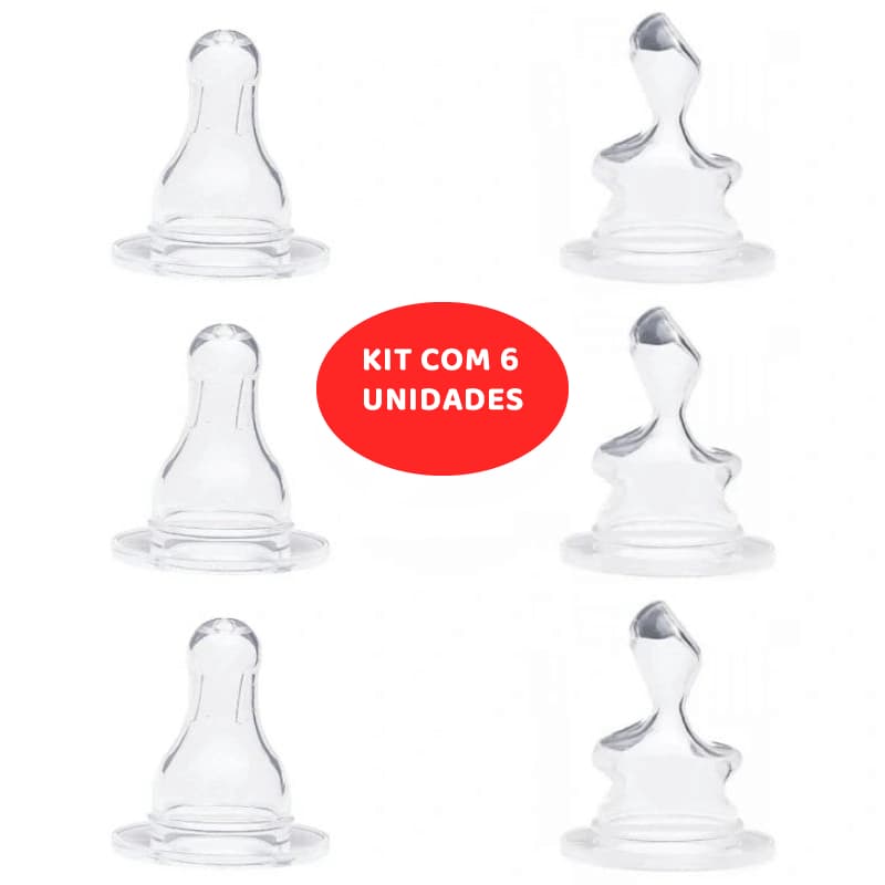 Kit com 6 Bicos de Mamadeira Redondo ou Ortodôntico 100% Silicone