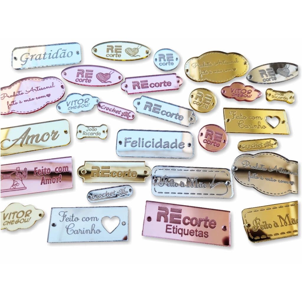 Kit 70 Etiquetas Tag Personalizadas em Acrílico Espelhado para artesanato, crochê, amigurumi, lembrancinhas