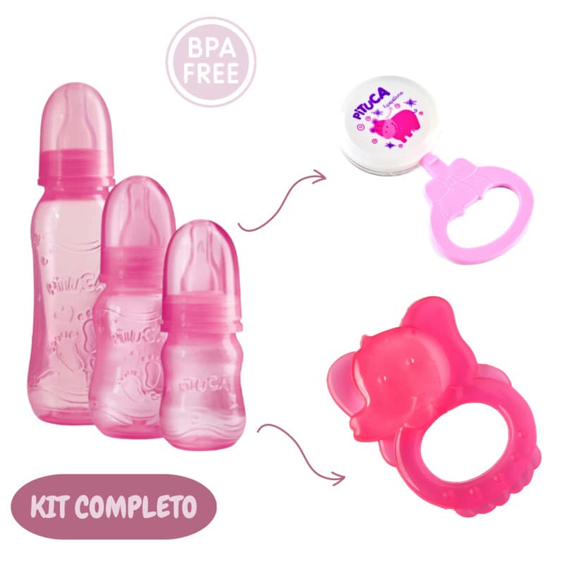 kit 3 Mamadeiras + Mordedor + Chocalho Para Bebê