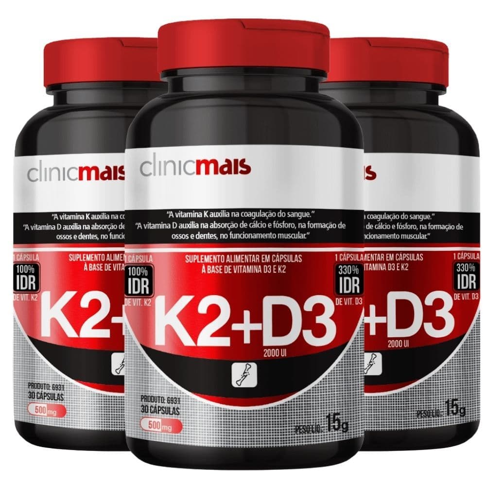 KIT 3X Vitamina k2 + Vitamina D3 30 cápsulas Clinicmais