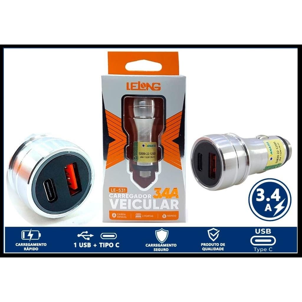 Kenux Carregador fonte Veicular 2 Entradas Turbo USB E TYPE C IT BLUE 3.4 A LE-531
