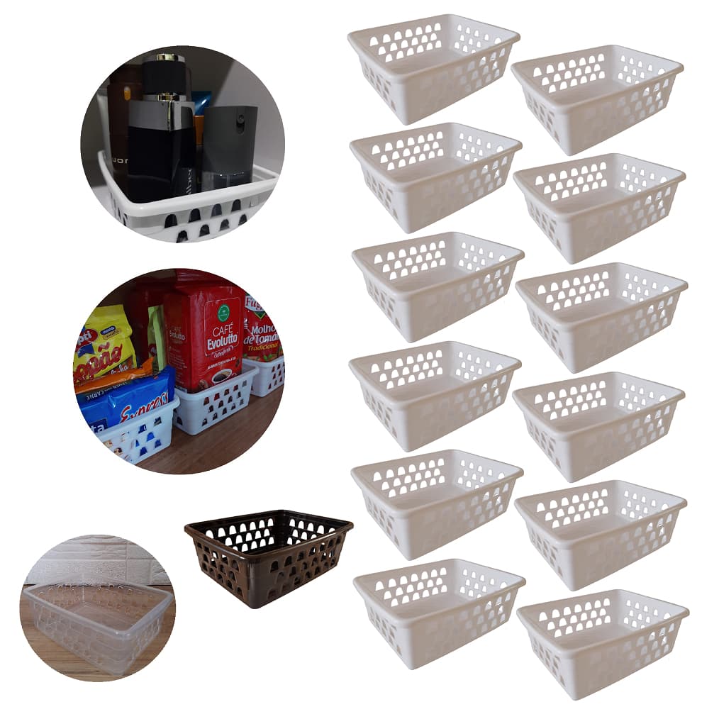 Kits Com 6 Ou 12 Cesto Multiuso Organizador Empilhavel Branco Preto Transparente Gaveta Lavanderia Cozinha Dispensa Geladeira Banheiro Médio (20x15,5)