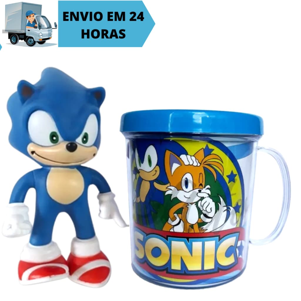 Kit Conjunto Boneco Colecionável Sonic Azul Articulado Sega 15cm + Caneca Personalizada 350ml