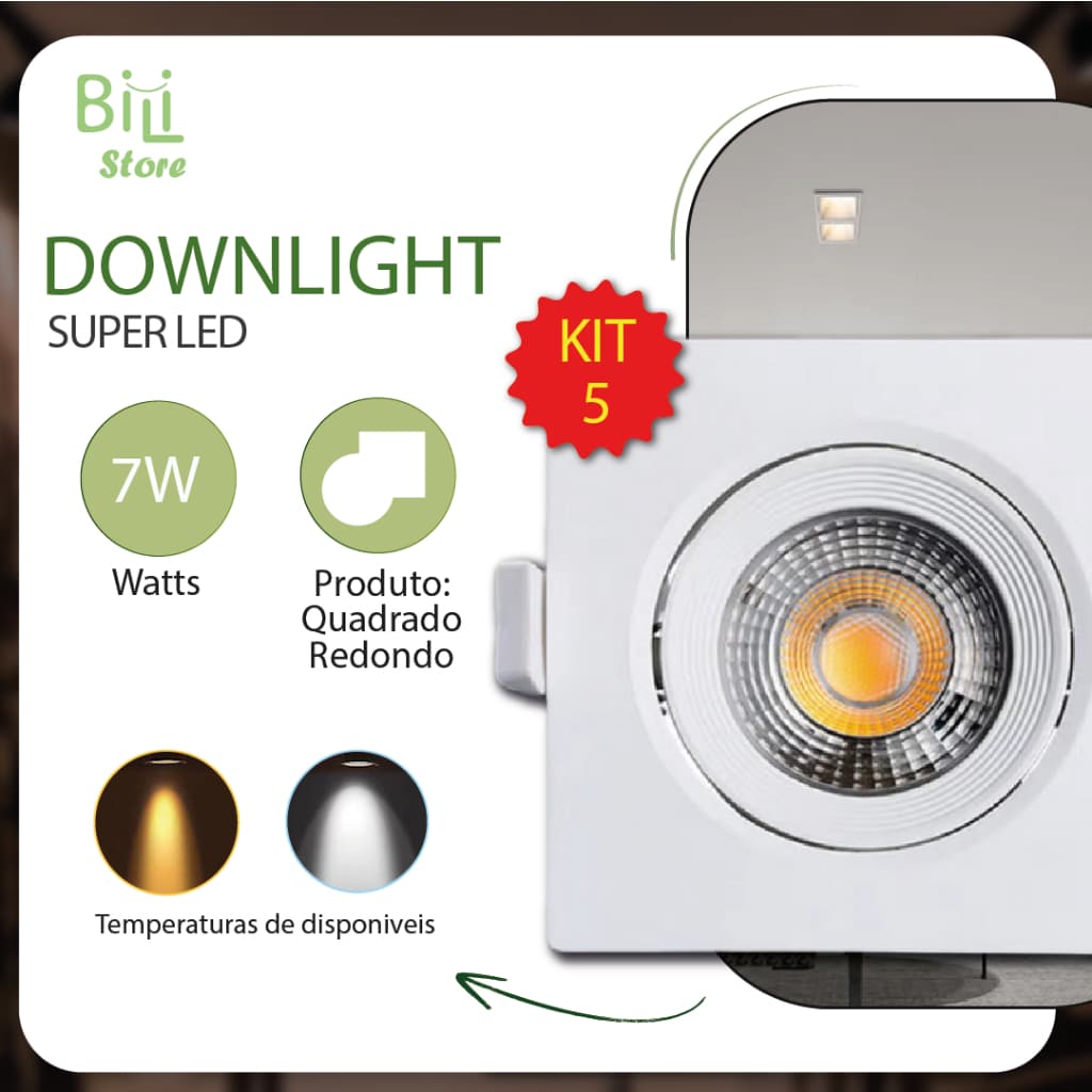 5 Luminária Spot Led Quadrado Direcionável 7W Embutir Gesso Teto| Branco Quente 3000K(Luz Amarela)   | Branco Frio 6500K (Luz Branca) Bivolt Spot Super LED Pronta Entrega