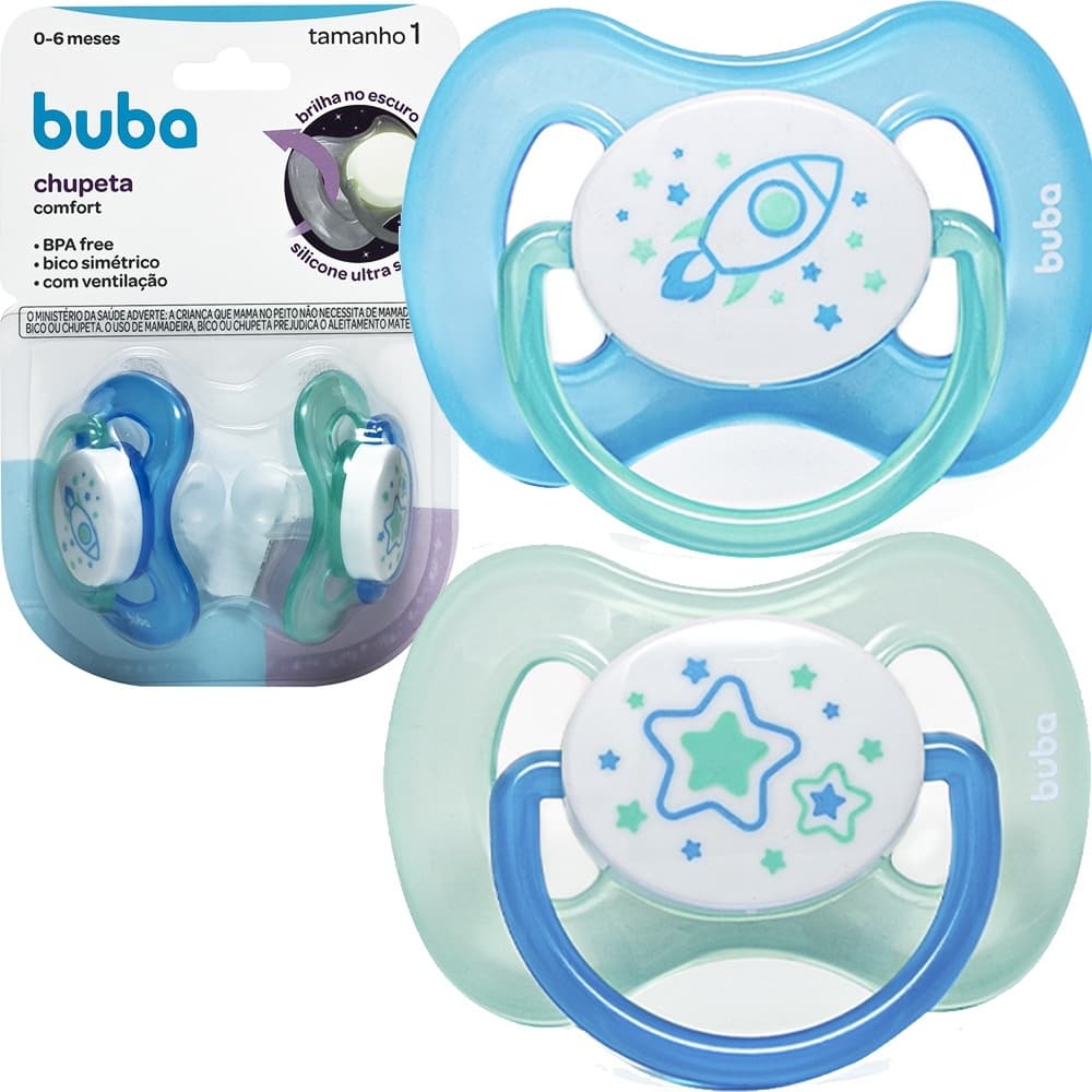 Kit Chupeta Tamanho 1 (+0 a 6 Meses) Buba Foguete Noturna - Comfort Utra Soft Infantil  - BRILHA NO ESCURO
