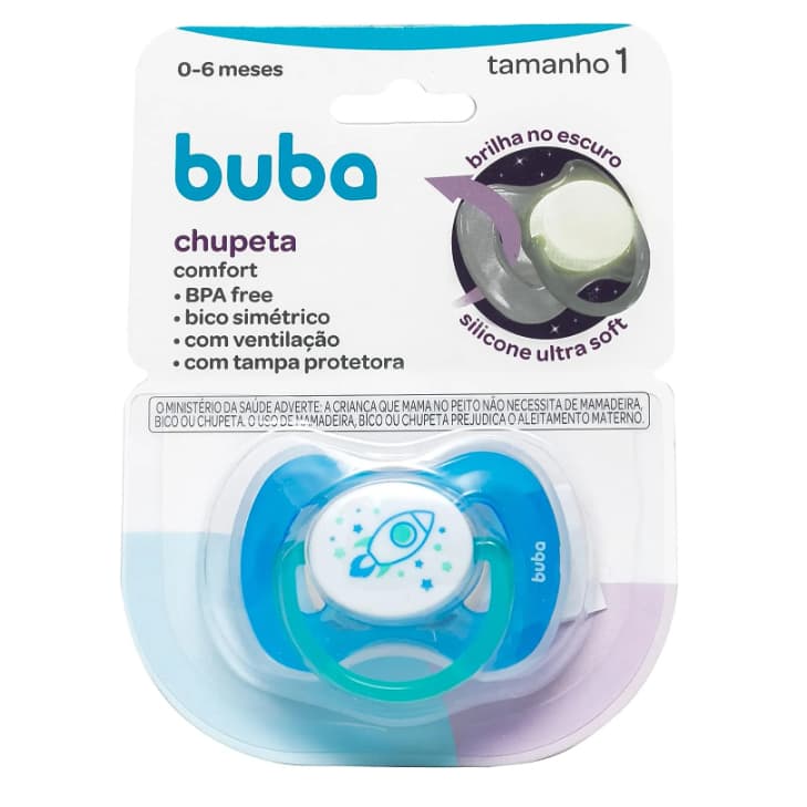 Chupeta Buba Foguete Noturna Tamanho 1 (+0 á 6 meses) - Comfort Utra Soft Infantil - BRILHA NO ESCURO