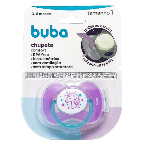 Chupeta Buba Unicornio Noturna Tamanho 1 (+0 á 6 meses) - Comfort Utra Soft Infantil - BRILHA NO ESCURO