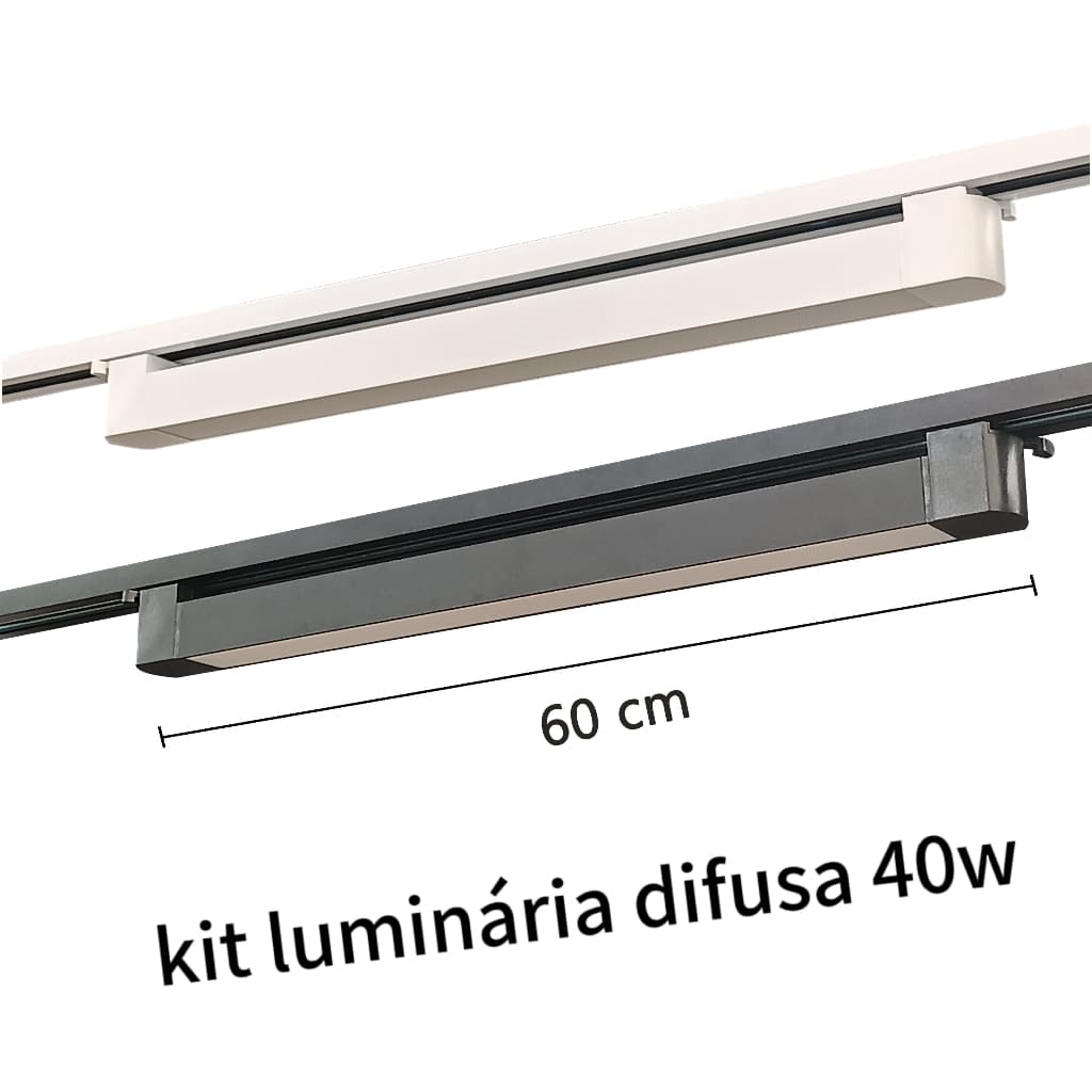 Kit Luminária Difusa 40W Acabamento Preto/Branco (Bivolt)  +  Trilhos de 1M Preto/Branco QTD E COR DA LUZ A ESCOLHER