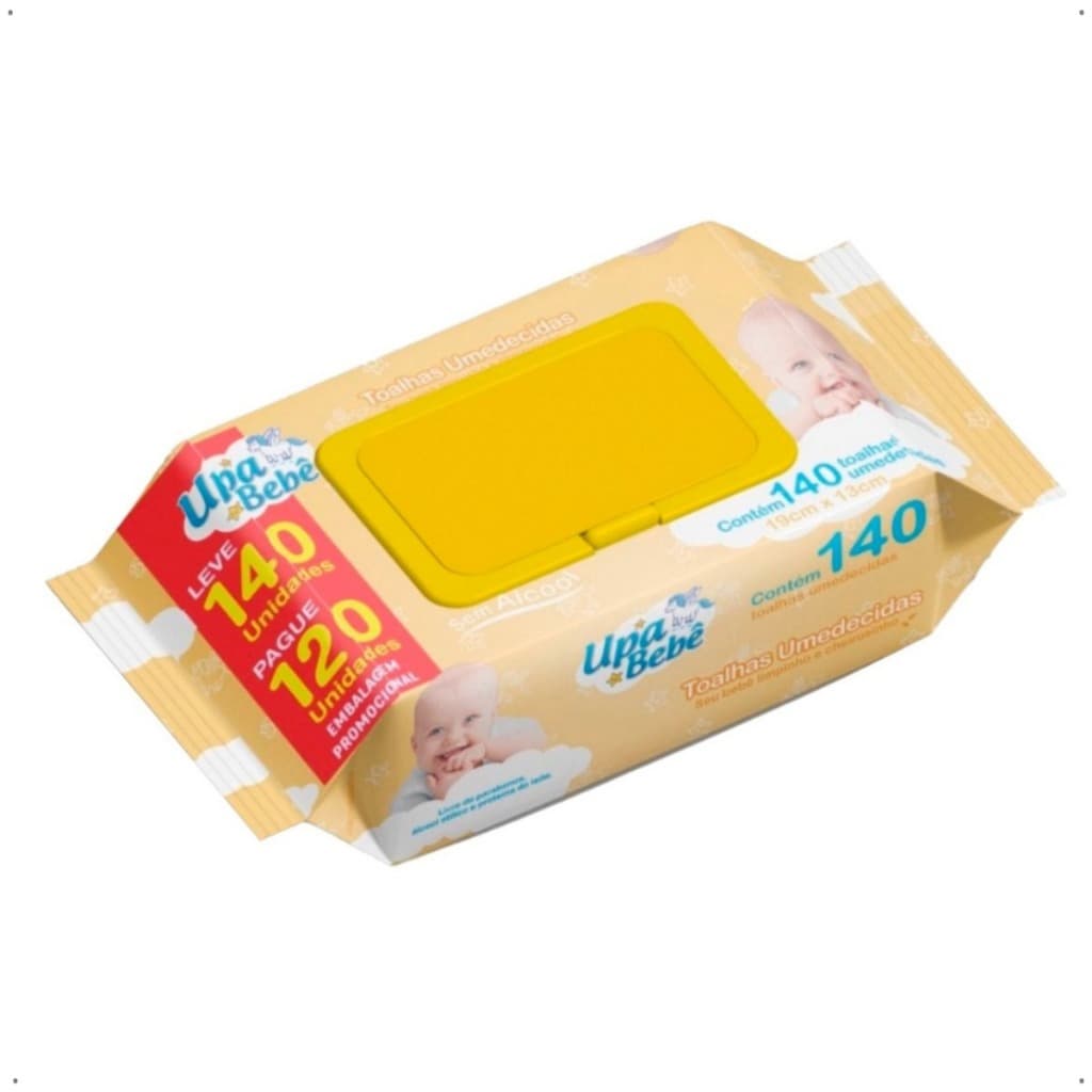 Kit C/12 Pacotes Pague 120 Leve 140 Unidades Lenço Toalha 1680 Un Umedecidas Com Tampa Flip Top E Conforto Para Seu Bebê E Super Macias Upa Bebe Suaves