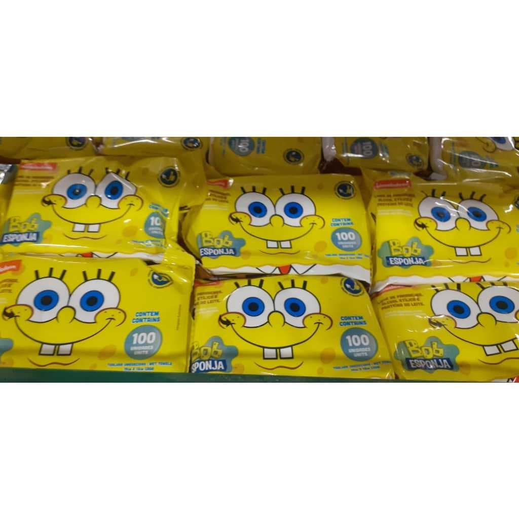 Toalhas Lenço Umedecido Bob Esponja Pacote com 100 Unidades