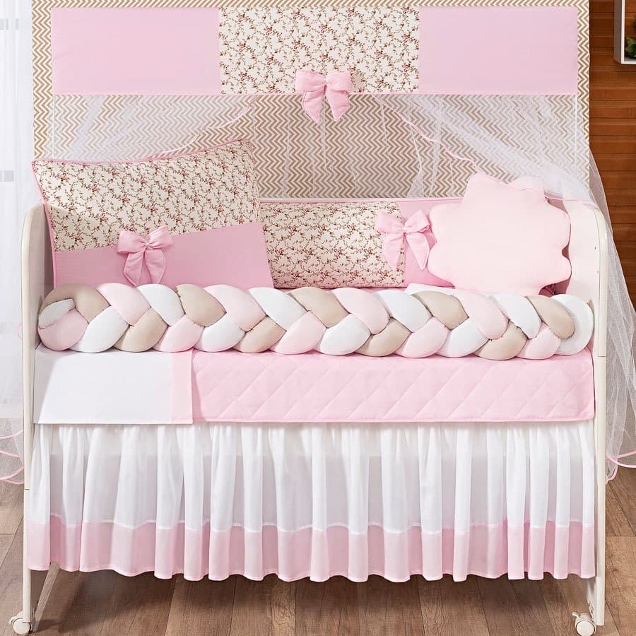 Kit Berço Doce De Bebê 11 Peças Rosa Enxoval Completo Macio Antialérgico Conforto Proteção Bebê