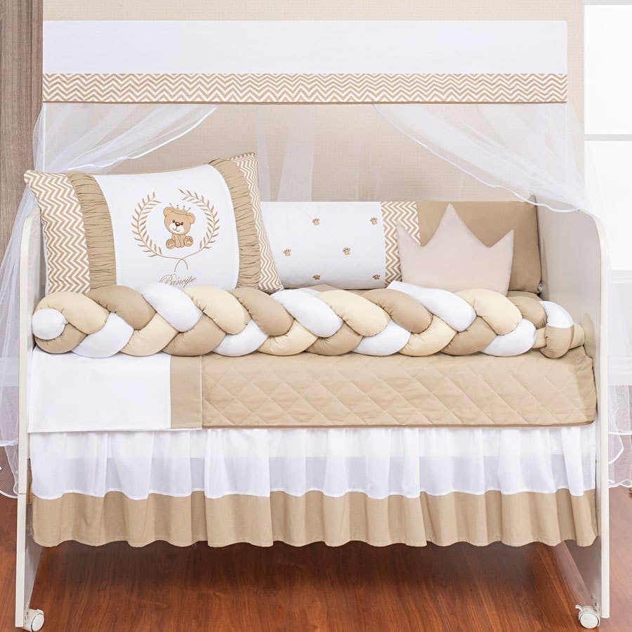 Kit Berço Urso Teddy Trança 11 Peças Enxoval Bebê Completo Antialérgico Macio Proteção Conforto Decorativo