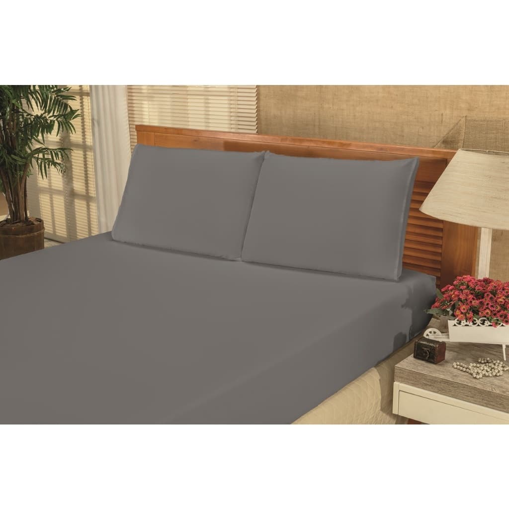 Lençol Casal Queen 3 Peças Com Elástico + Fronhas Jogo De Lençol Cama Cinza