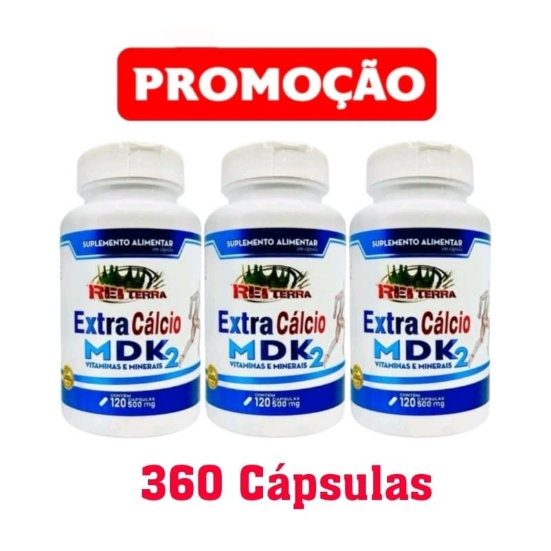 kit C/3 Extra Cálcio MDK C/120 Cápsulas Rei Terra - Total 360 Cápsulas - Cálcio, Magnésio, Vitamina D e Vitamina K2