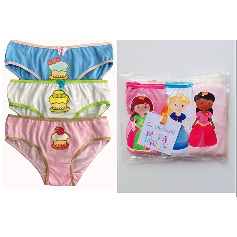 CALCINHA menina infantil PRINCESA OU CUPCAKE kit 3 peças 100% algodão tapa fralda escola
