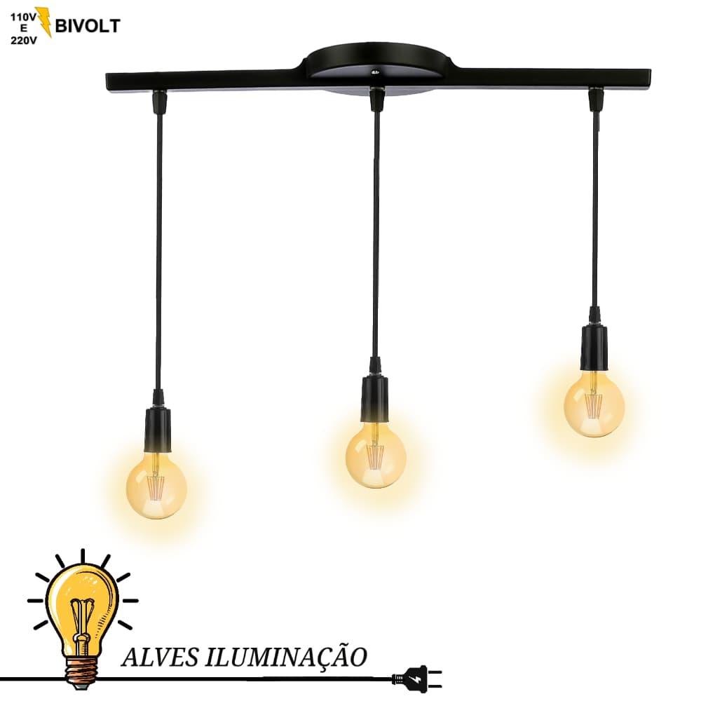Luminária Pendente Trilho de Sobrepor o teto com Soquete Liso E27 para 3 Lâmpadas Bivolt Completo
