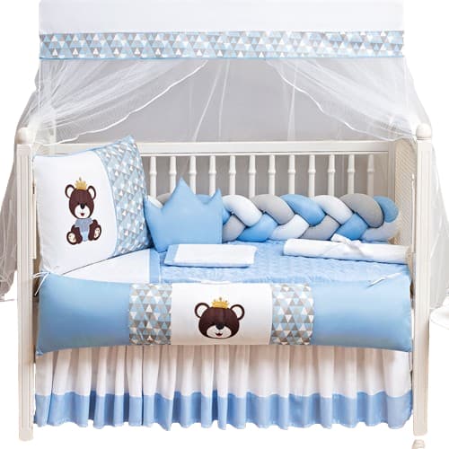 Kit Berço 11 Peças Americano Família Urso Realeza Azul Enxoval Quarto de Bebê De Micropercal