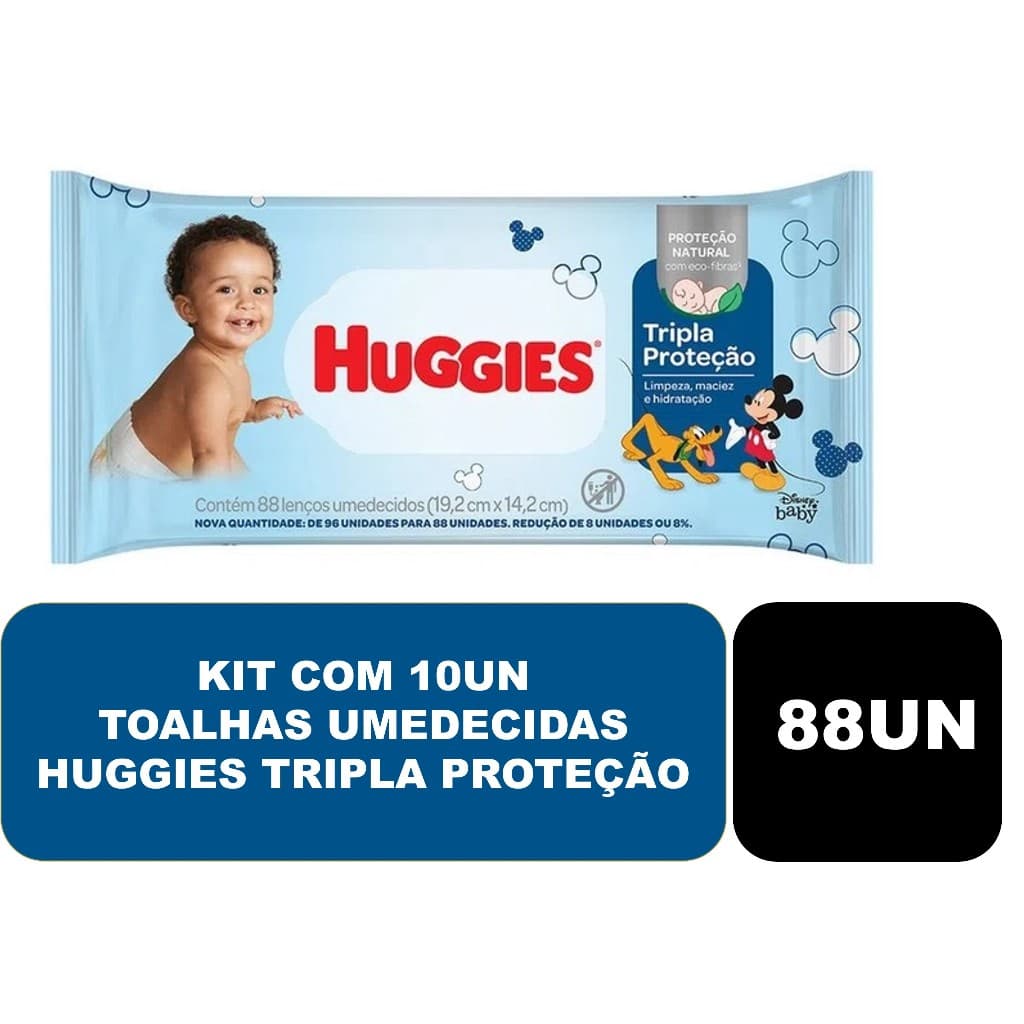 Kit com 10un Toalhas Umedecidas Huggies Tripla Proteção - 88 unidades