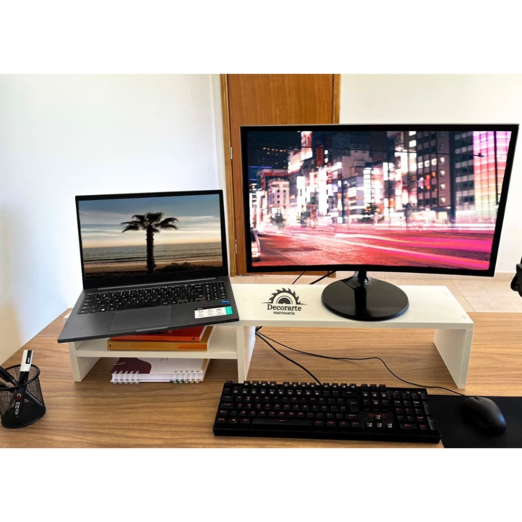 Suporte Dois Monitor Gamer Mesa Setup Home Office Youtuber organizador branco e preto mdf