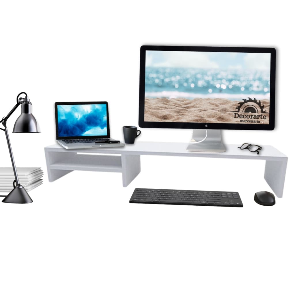 Base Suporte Monitor Elevado Mesa 90x20x16,5 Gamer Home Office 100% MDF branco preto