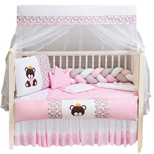 Kit Berço 11 Peças Americano Família Urso Realeza Rosa Enxoval Bebê Decoração De Micropercal