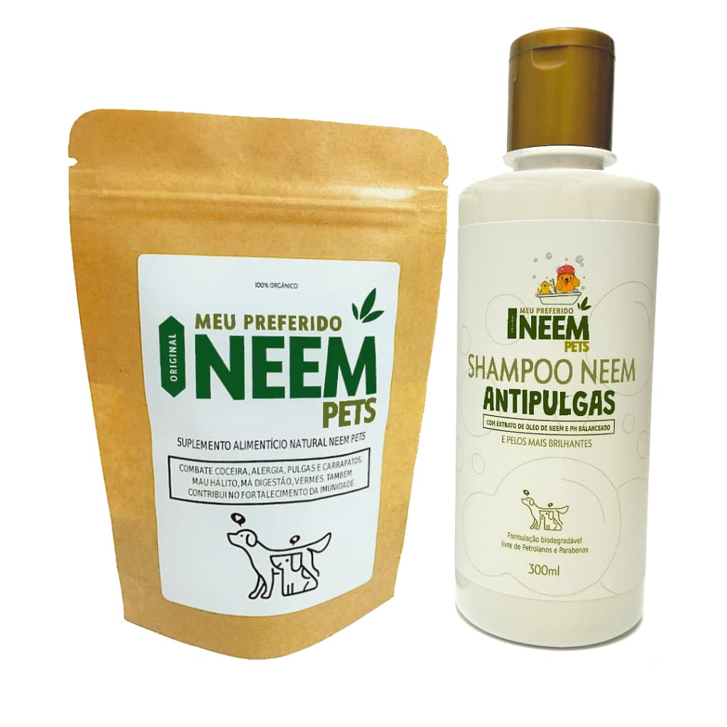 Kit Anti-coceira Anti-pulgas Anti-sarna Neem Pets Com Shampoo e Suplemento Natural Para bem-estar do seu pet