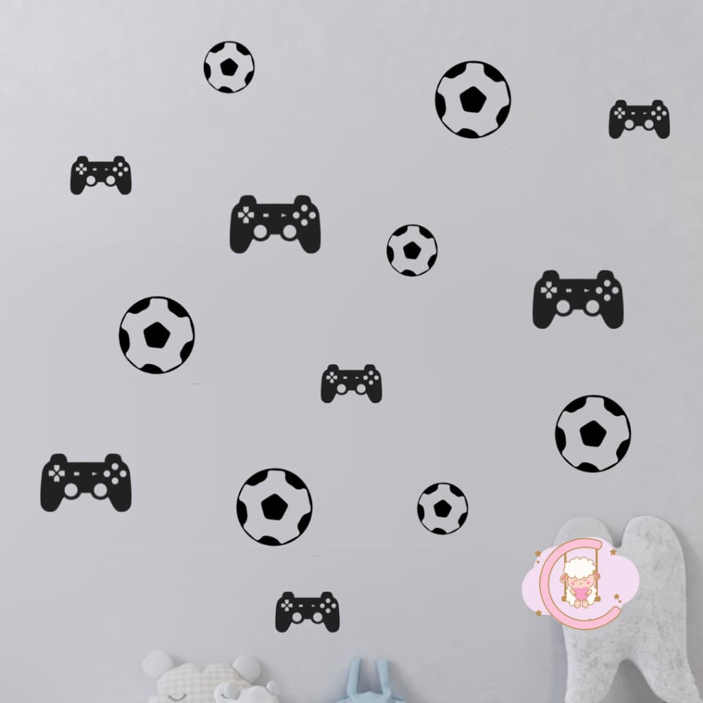 Adesivo de parede gamer e futebol jogador controle video game decoraçao em vinil quarto menino
