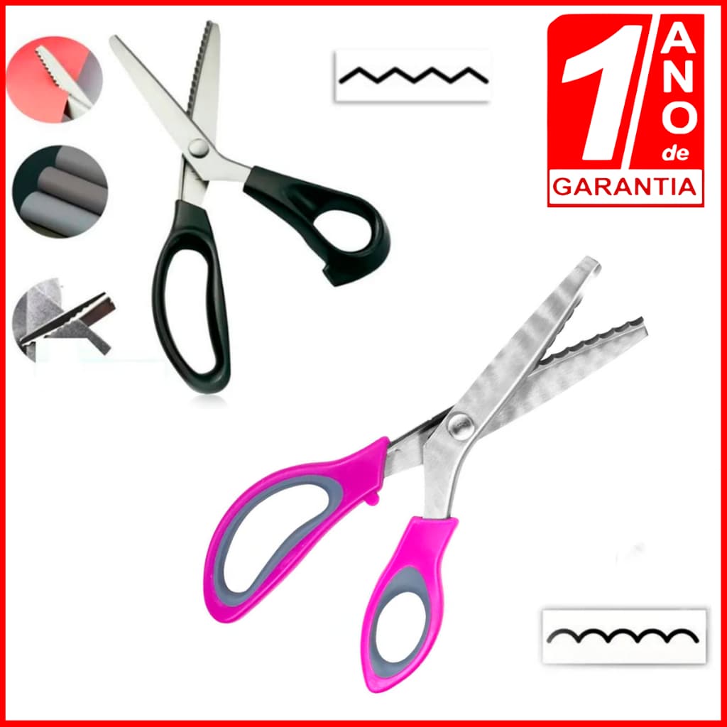 Kit com Tesoura Rosa Escalope + Tesoura de Picotar Rosa Profissional Corta Tecido e Papel Srapbook Patchwork Artesanato