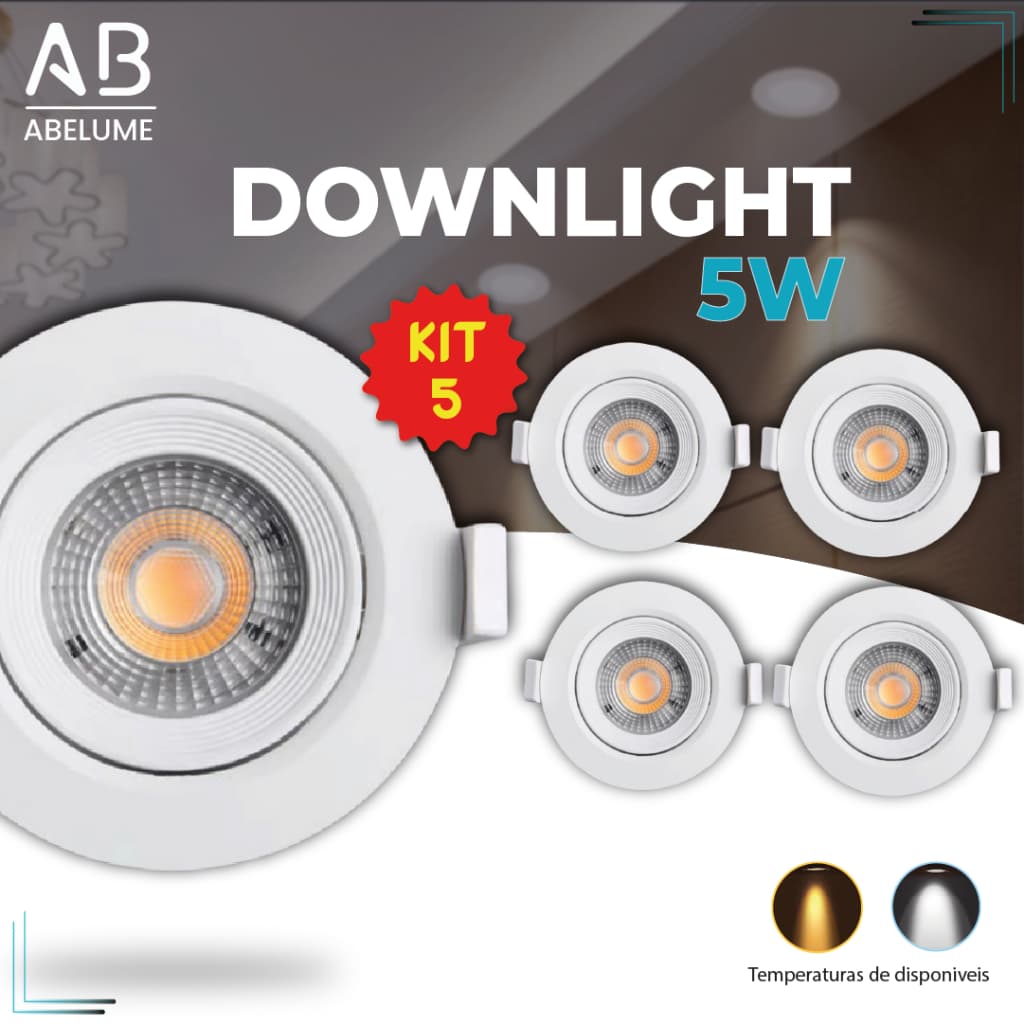 Kit 5 Luminária Spot Led Redondo Direcionável 5W Embutir Gesso Teto | Branco Quente | Branco Frio Bivolt Spot Super LED