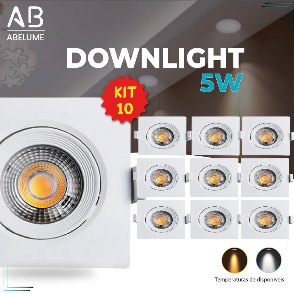 Kit 10 Luminária Spot Led Quadrado Direcionável 5W Embutir Gesso Teto | Branco Frio 6500K (Luz Branca) | Branco Quente 3000K (Luz Amarela) Bivolt Spot Pronta Entrega Super LED