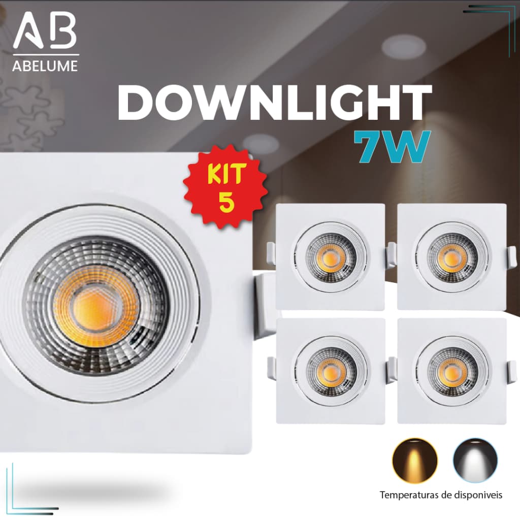 Kit 5 Luminária Spot Led Quadrado Direcionável 7W Embutir Gesso Teto| Branco Quente 3000K(Luz Amarela)   | Branco Frio 6500K (Luz Branca) Bivolt Spot Pronta Entrega Super LED