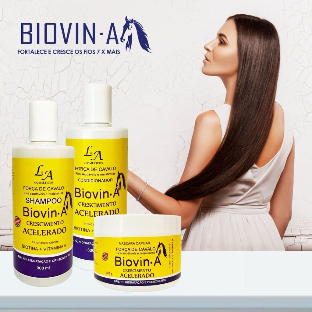 Kit Crescimento Acelerado Força de Cavalo Biovin-A  Shampoo Condicionador e Máscara Hidratante para Tratamento Capilar - L&A Cosméticos Pronta Entrega