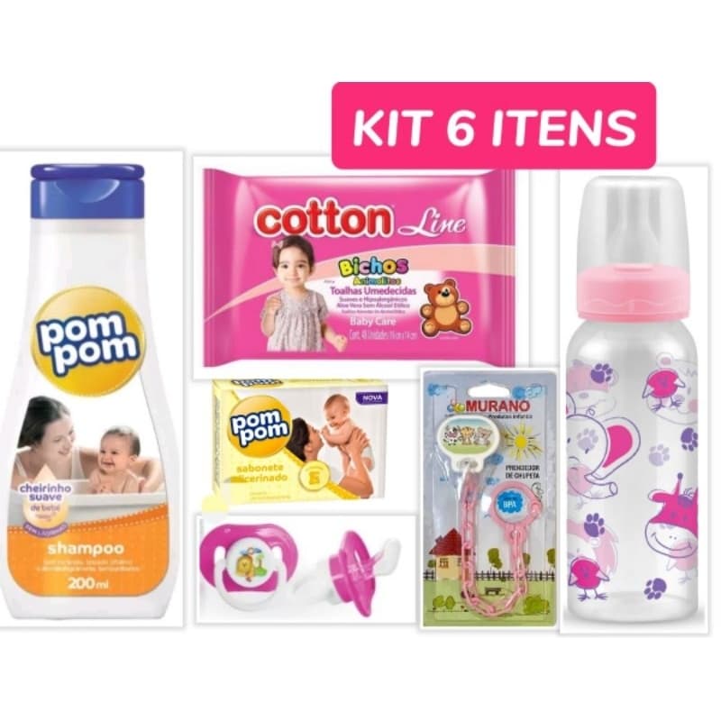 Kit Bebê Recém Nascido 6 itens Mamadeira Petita 240 ml +Shampoo Pompom + Sabonete Presente lembrancinha cha de bebe