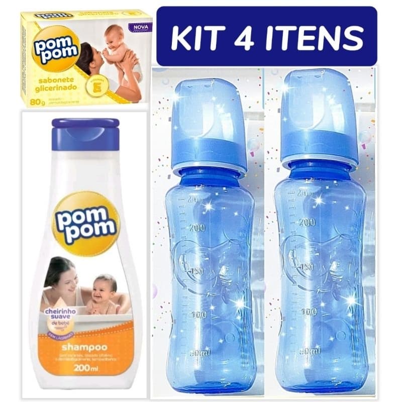 Kit Mamãe bebê Mamadeiras grande 240 ml + Shampoo Pompom 200 ml + Sabonete Pompom presente chá de fraldas chá de bebê lembrancinha maternidade cuidados com a higiene do bebe