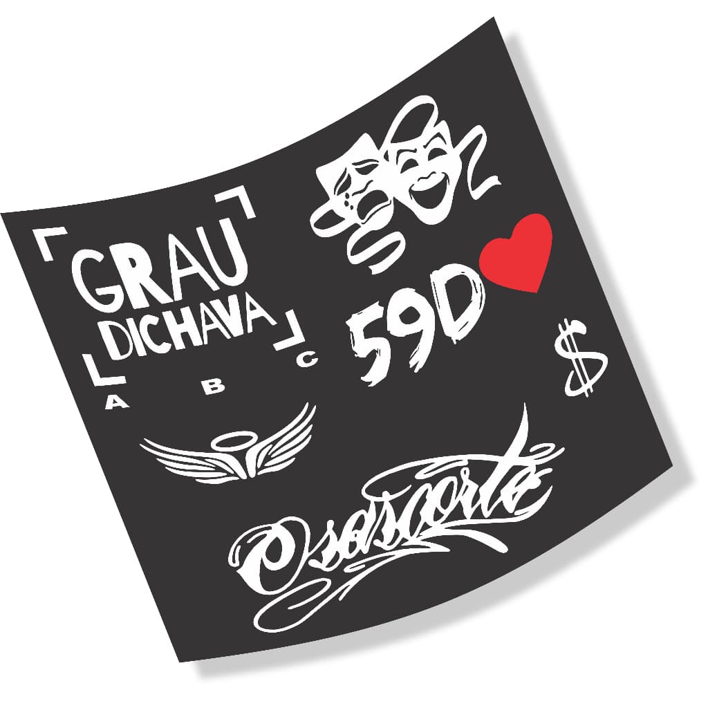 Kit 06 Adesivos GRAU DICHAVA, 59D, CHORA AGORA RIR DEPOIS, CIFRÃO, ANJO Moto, OSASCORTE