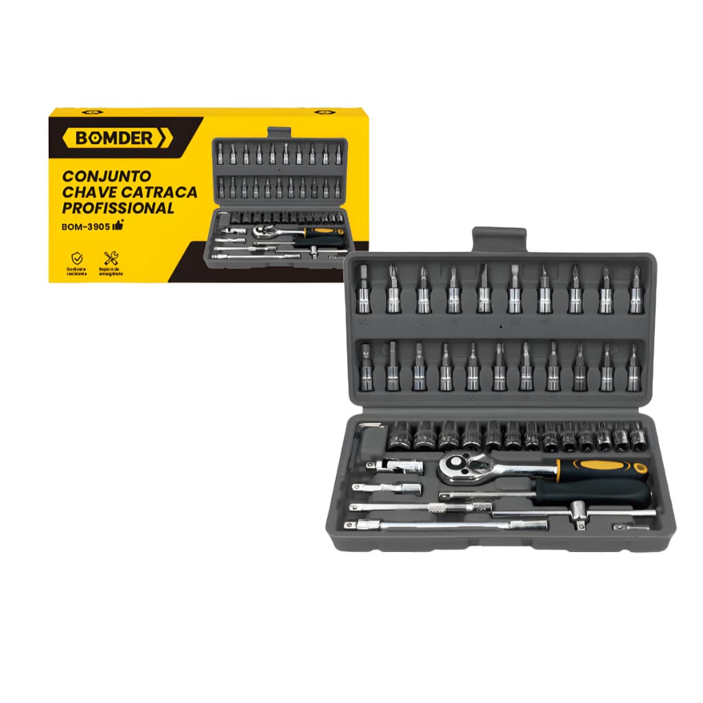 Kit Jogo De Chaves Catraca Reversível Soquete Aço Crv Chave Allen 46 Peças Ferramenta Completa Maleta Profissional