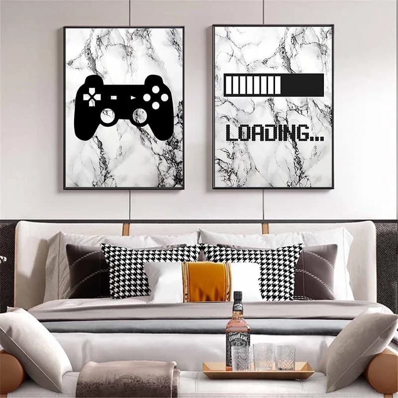 Quadro decorativo 2 peças 40x60 loading game on controle video game mármores crianças decoração do quarto jogo preto e branco