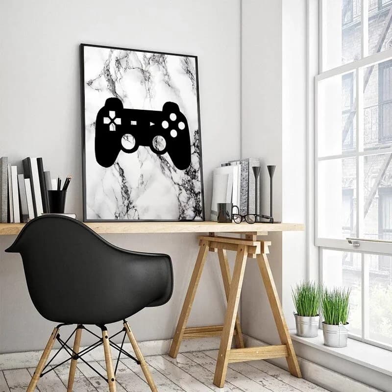Quadro decorativo 1 peça 40x60 loading game on controle video game mármores crianças decoração do quarto jogo preto e branco