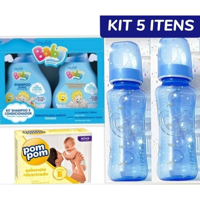Kit bebê hora do banho Shampoo+ Condicionador Muriel + 2 Mamadeiras grandes 240 ml + sabonete pompom presente lembrancinha chá de fraldas cuidados com o bebe