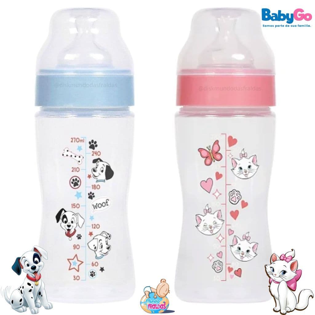 Mamadeira Bebê +6 Meses 270 ml Bico Ortodôntico Wide Neck 100% silicone  Com Tampa Disney Marie Dálmatas  BabyGo antizamento